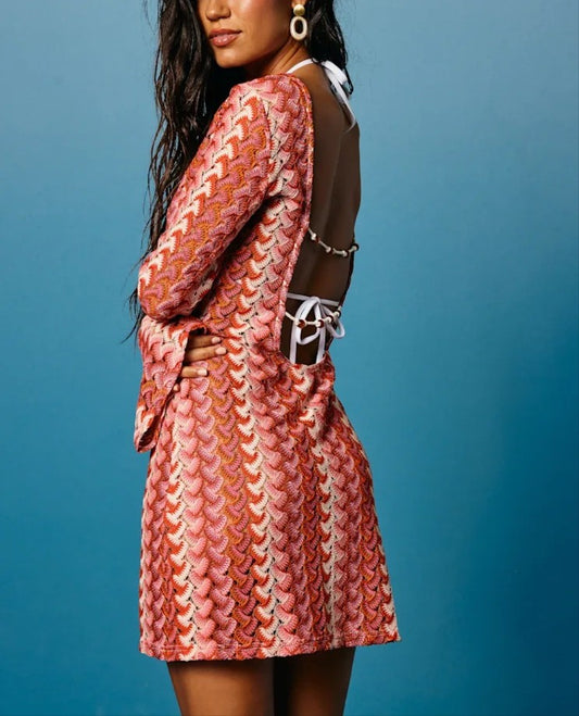 Striped Crochet Long Sleeve Swim Cover-Up Dress
