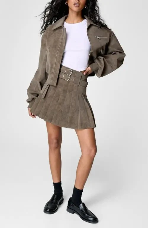 Oversized faux suede bomber jacket and pleated skirt set