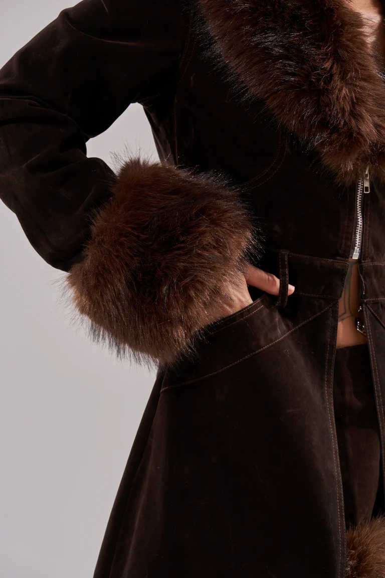 Faux Fur Trim Denim Trench Coat