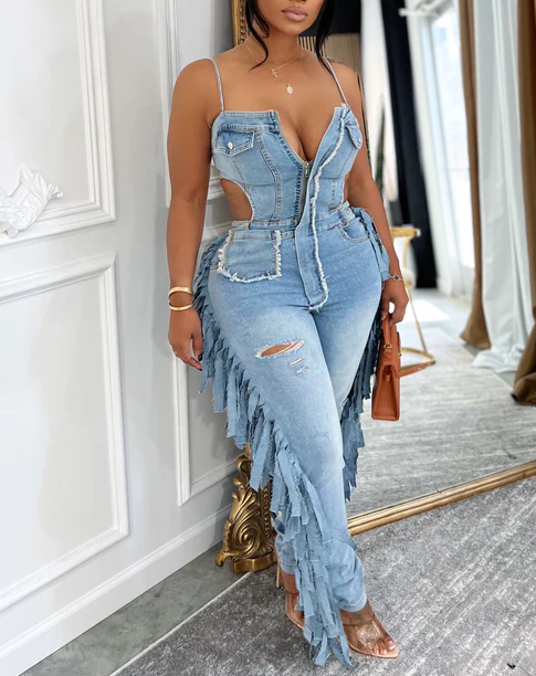 Strappy Denim Fringe Jumpsuit