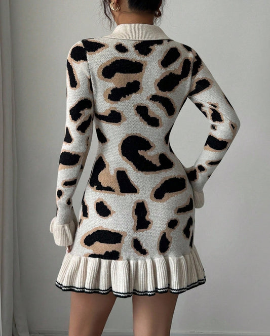 Leopard Print Knit Ruffle Hem dress