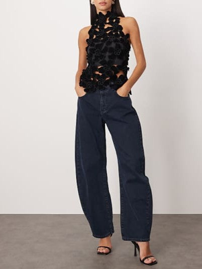 Embroidered velvet quilted cut work halterneck high neck top in black