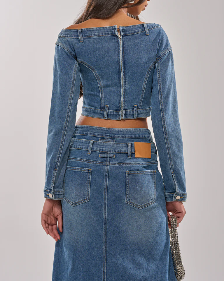 Denim Off-The-Shoulder Top+Patchwork Casual Jeans