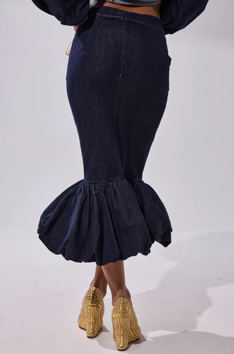 Puff-sleeve denim top + ruffled denim skirt
