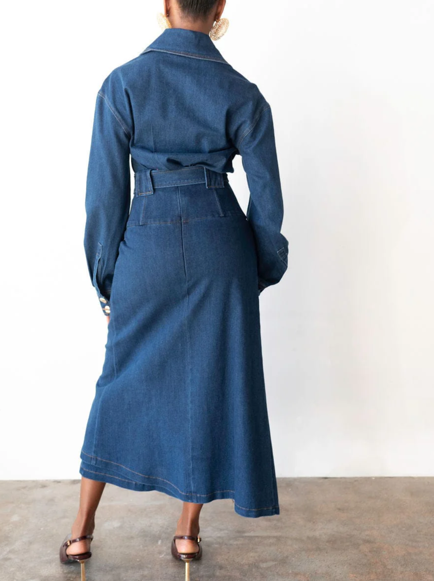 Gold Button Oversized Collar Long Sleeve Denim Set