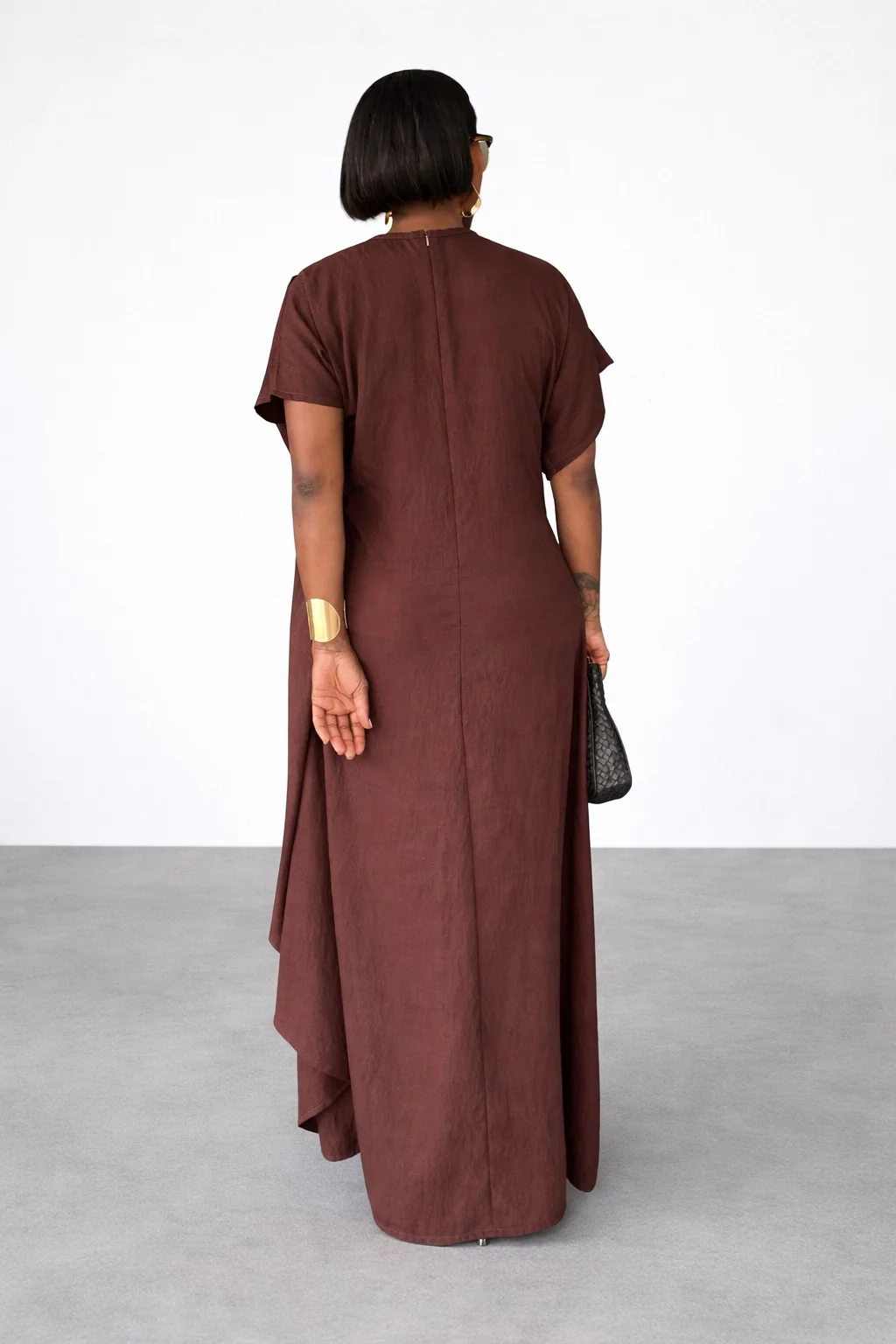 Gold-button embellished linen draped dress