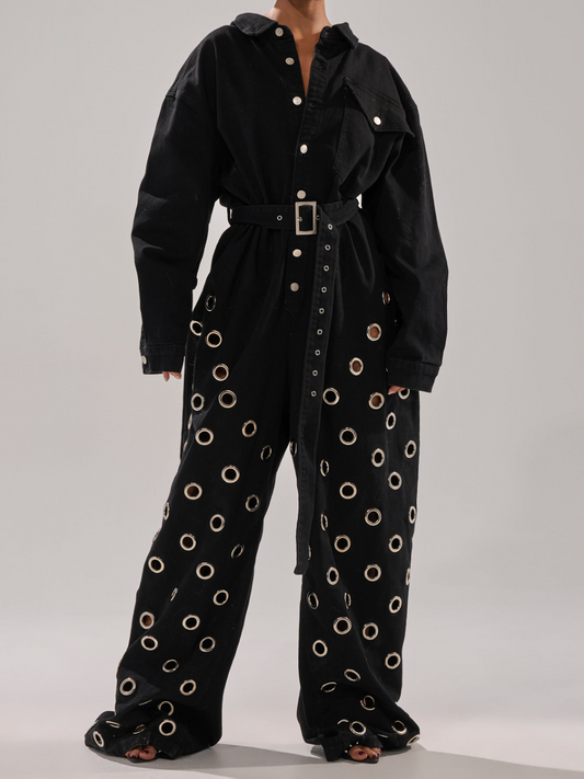 Denim Metal Ring Decorative Jumpsuit