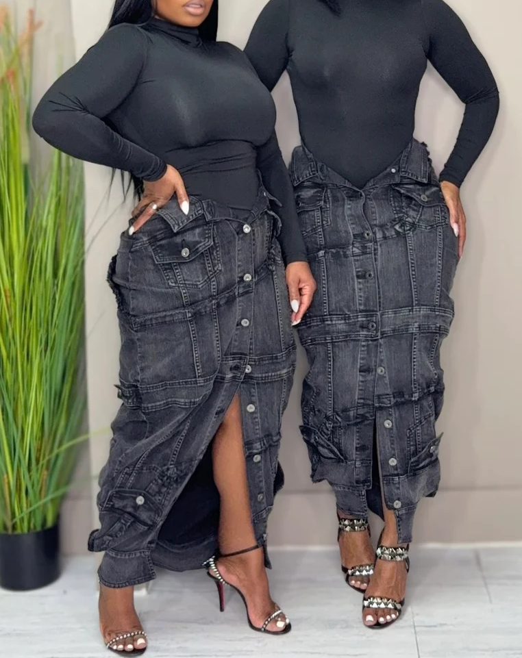 Button-front denim skirt