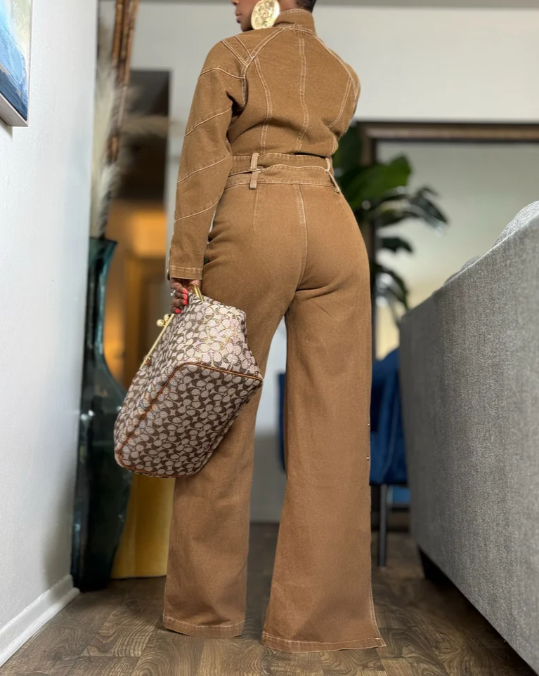 Brown denim button-down set