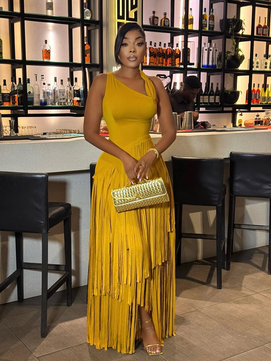 Strapless Fringe Maxi Dress