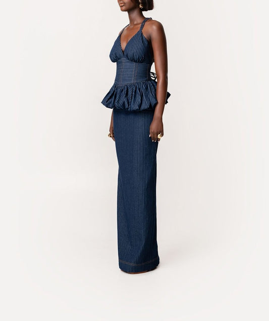 Denim Pinstripe Peplum Top And Skirt Set