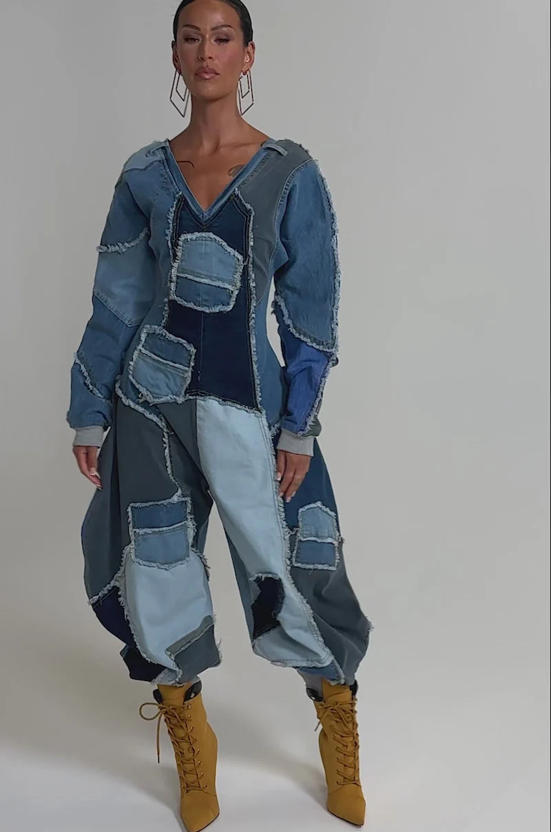 COMFY COZY JUMPSUIT IN DENIM PATCHWORK