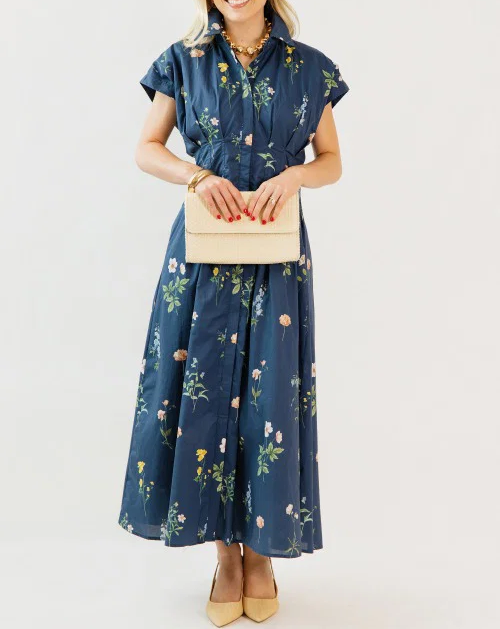 Pleated Floral Midi Dress, Navy Mix
