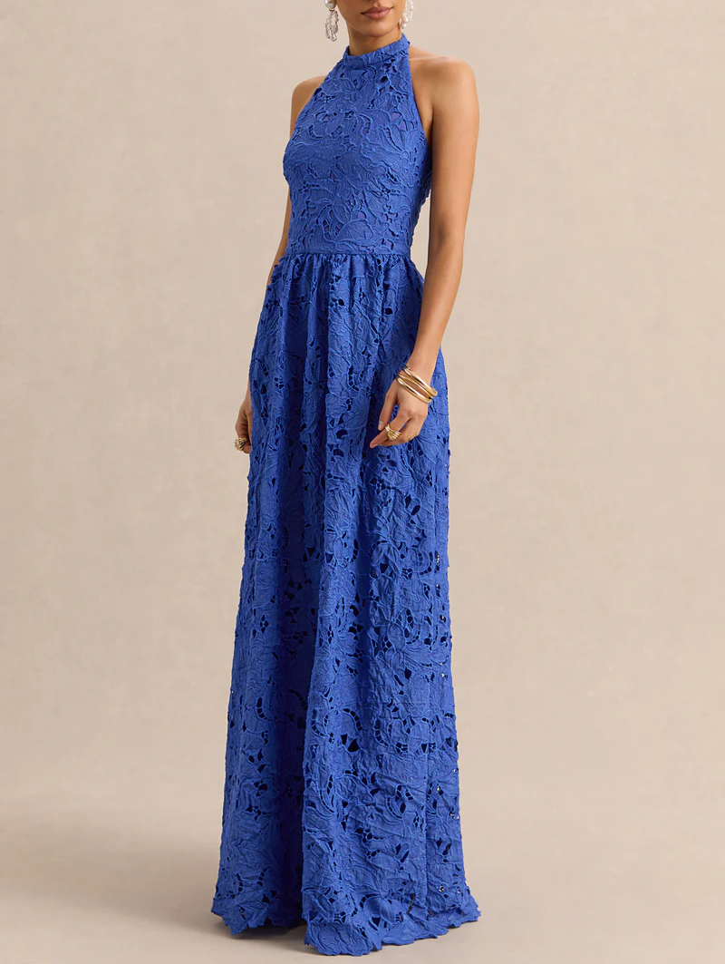Dark Blue Broderie Halter Maxi Dress