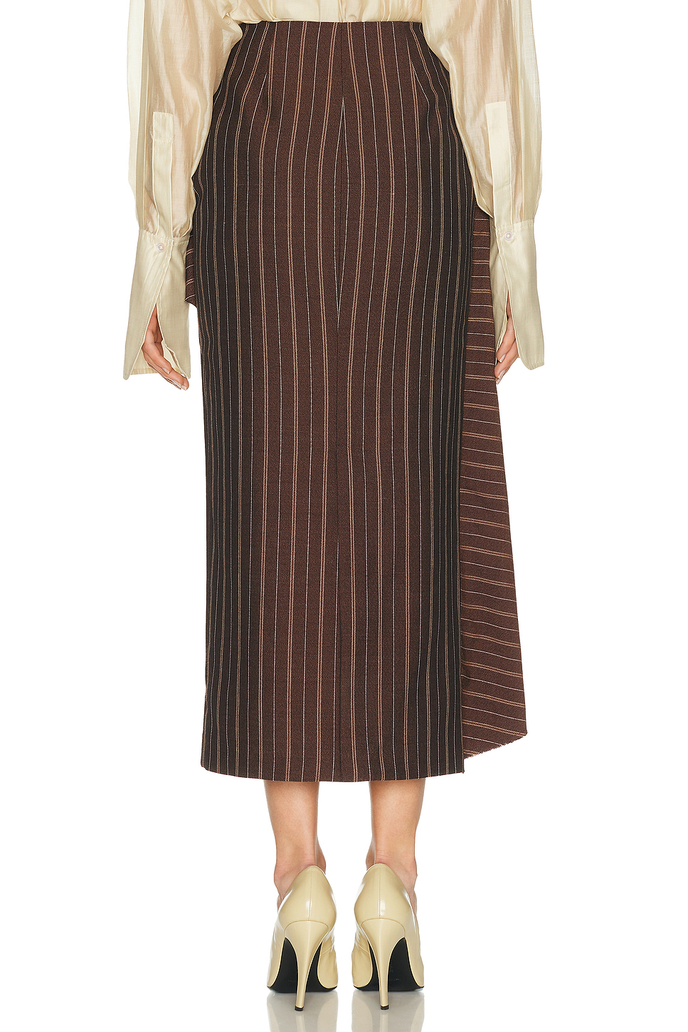 Stand-up collar shirt + pleated asymmetrical skirt