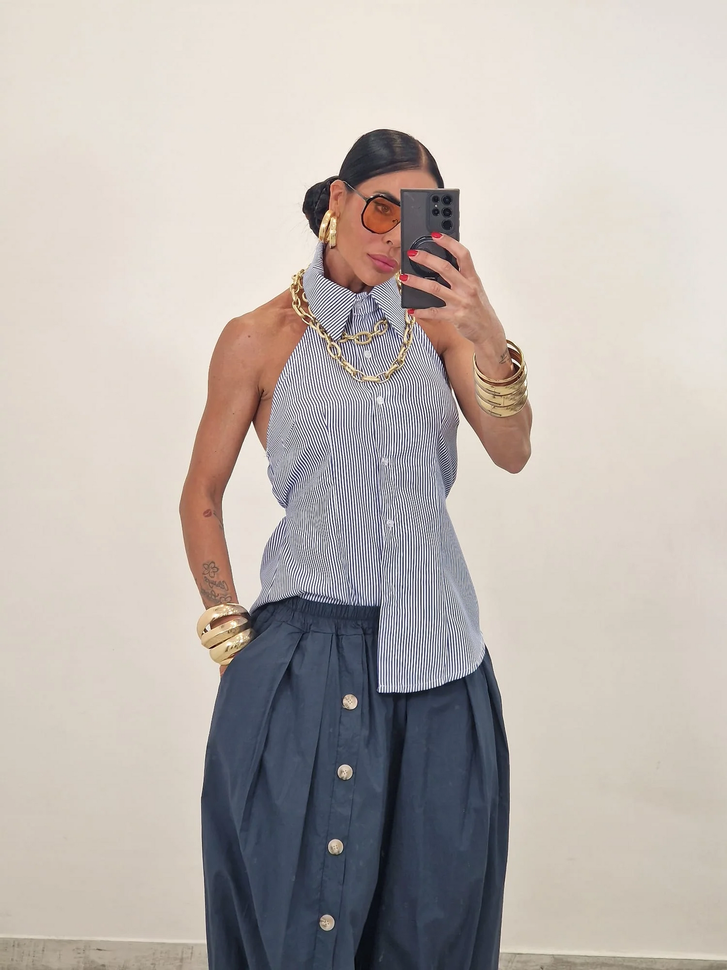Asymmetrical Shirt + Button-Front Pleated Pants