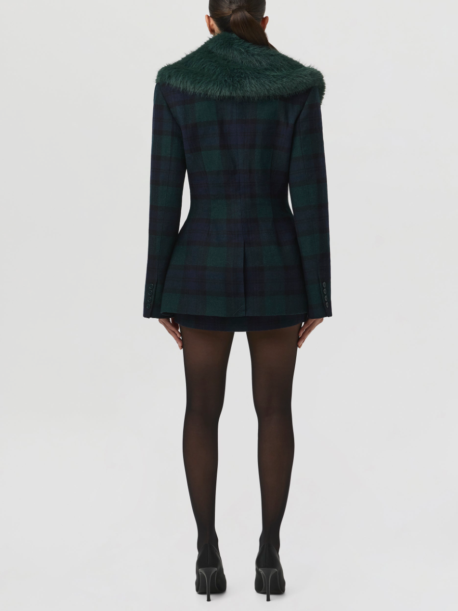Contrast Check Removable Faux Fur Collar Coat