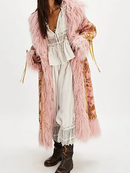 Printed Lambskin Faux Fur-Trim Coat