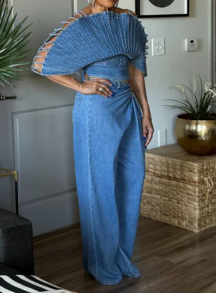 Irregular-pleated jeans
