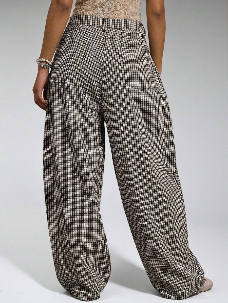 Gray Low Rise Baggy Barrell Fit Check Trousers