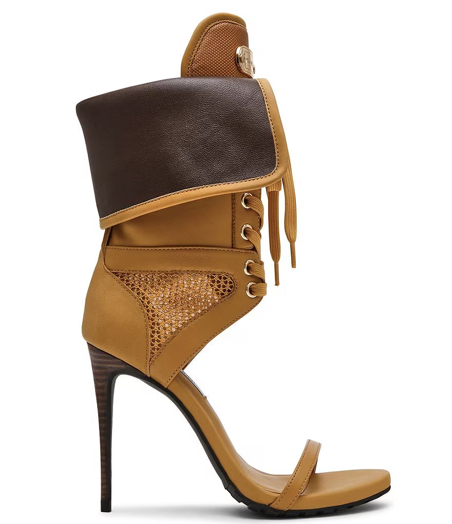 Leather, foldable, lace-up stiletto sandals suitable for sporty occasions.
