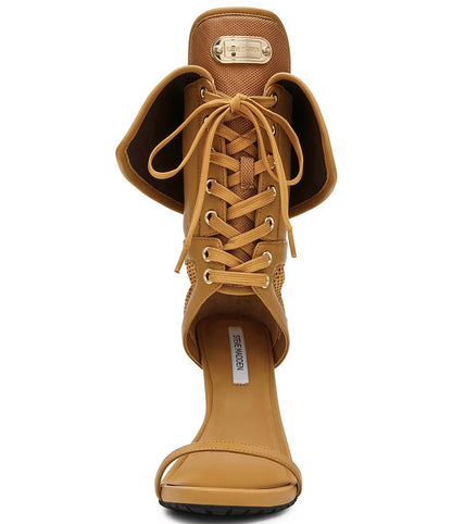 Leather, foldable, lace-up stiletto sandals suitable for sporty occasions.