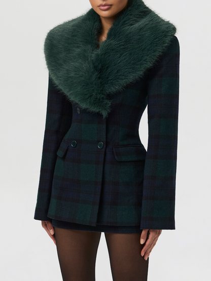 Contrast Check Removable Faux Fur Collar Coat