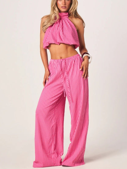 Striped Halter Crop Top +Wide Leg Trouser