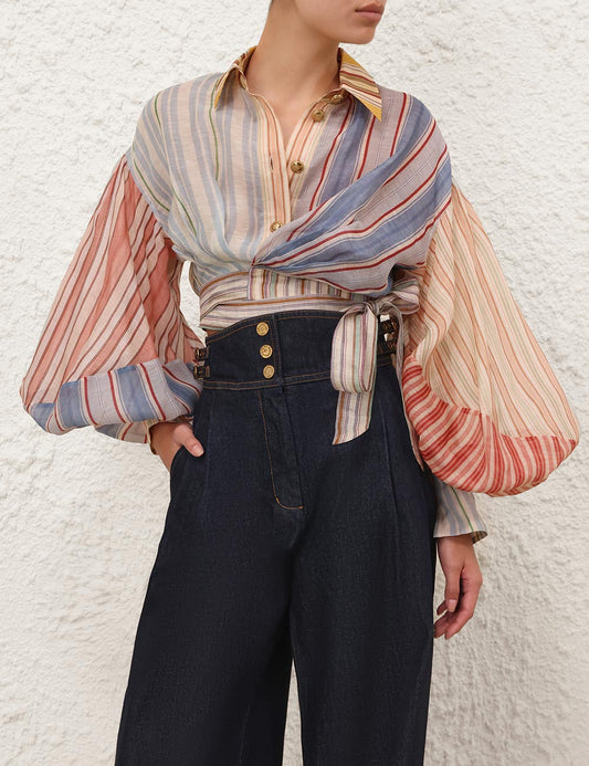 Silk-linen blend striped blouse