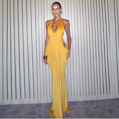 Halter neck deep V backless dress with drape