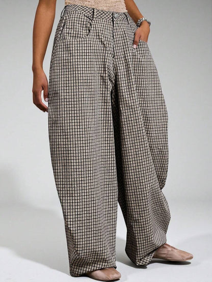 Gray Low Rise Baggy Barrell Fit Check Trousers