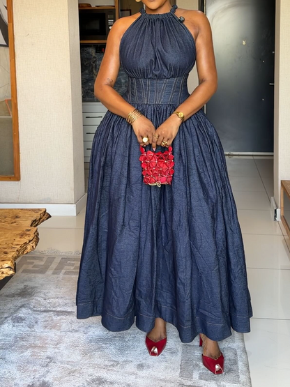 Waist-cinched strappy denim dress
