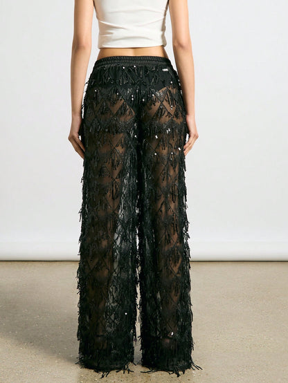 Sheer Sequin Embellished Wide Leg Pants
