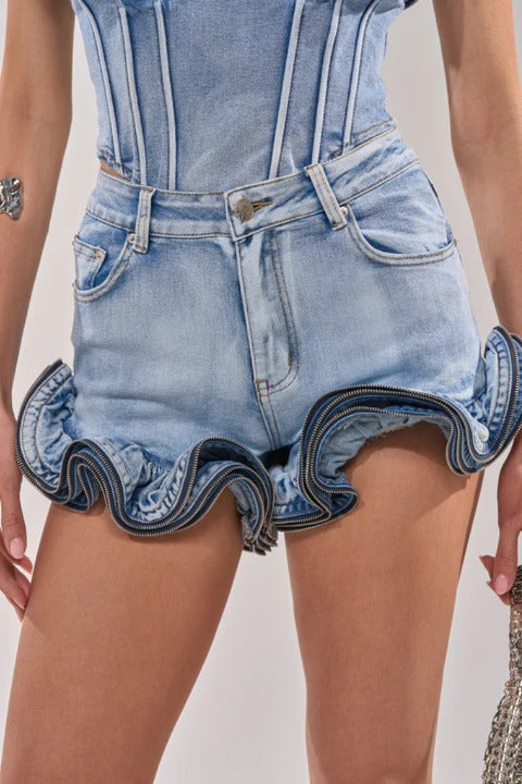 Flared-Hem Ruffle Denim Set