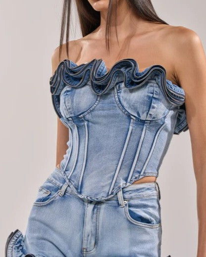 Flared-Hem Ruffle Denim Set