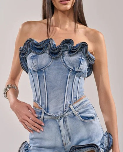 Flared-Hem Ruffle Denim Set