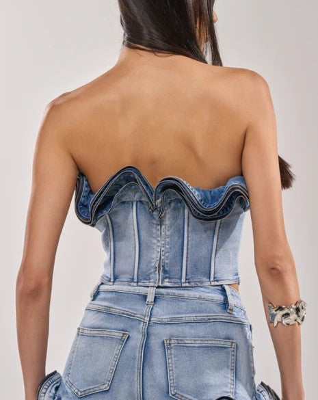 Flared-Hem Ruffle Denim Set