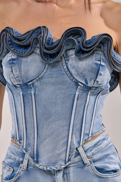 Flared-Hem Ruffle Denim Set