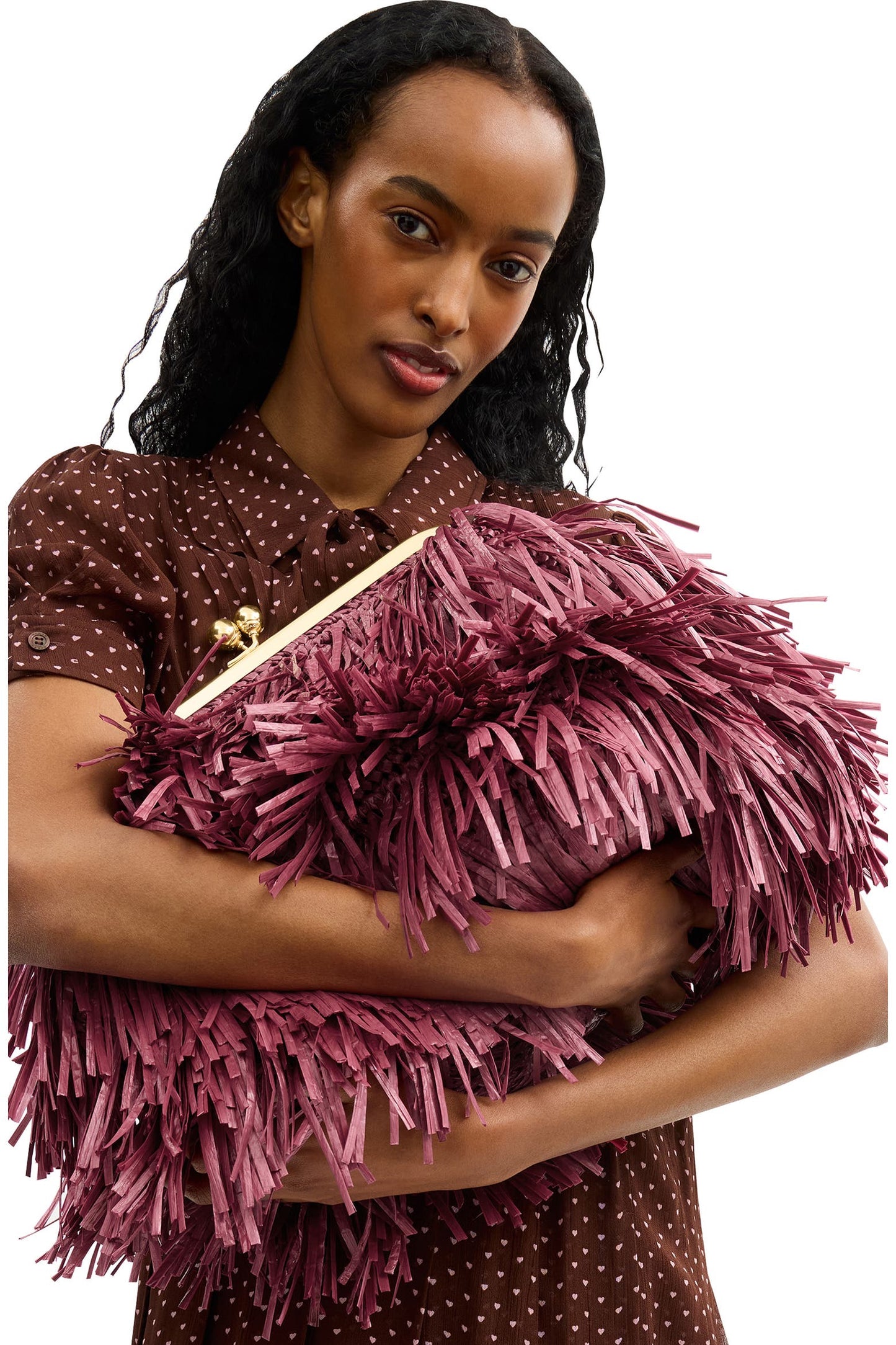 Kisslock Fringe Straw Frame Bag