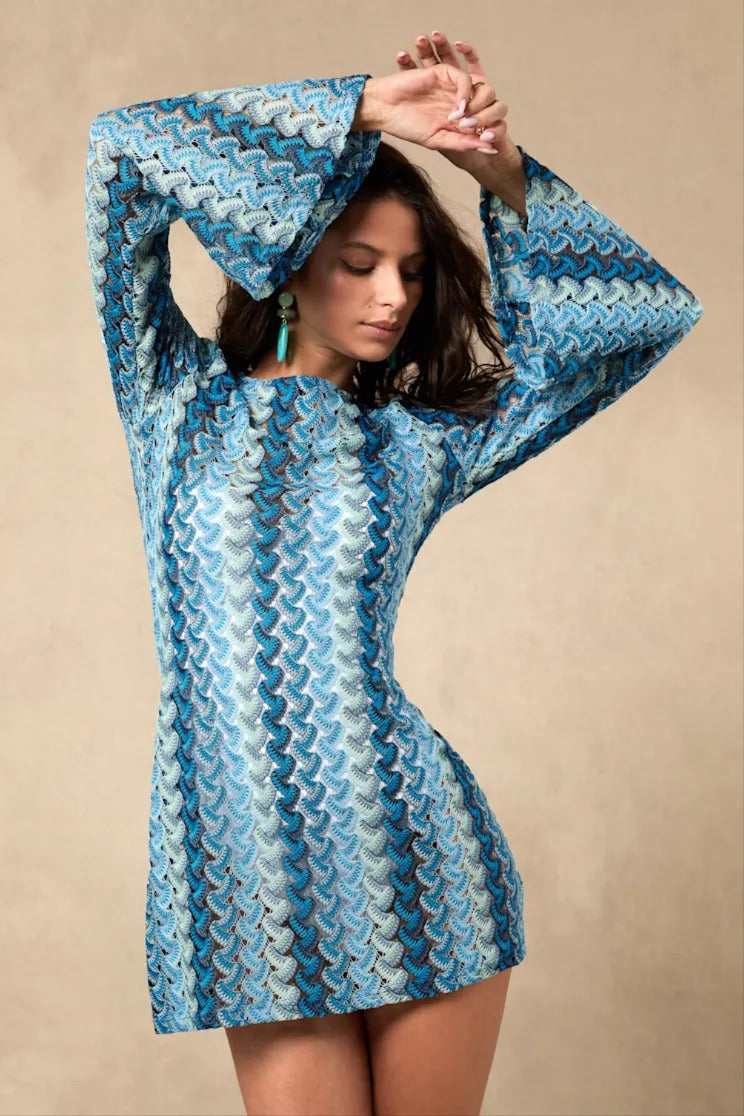 Striped Crochet Long Sleeve Swim Cover-Up Dress
