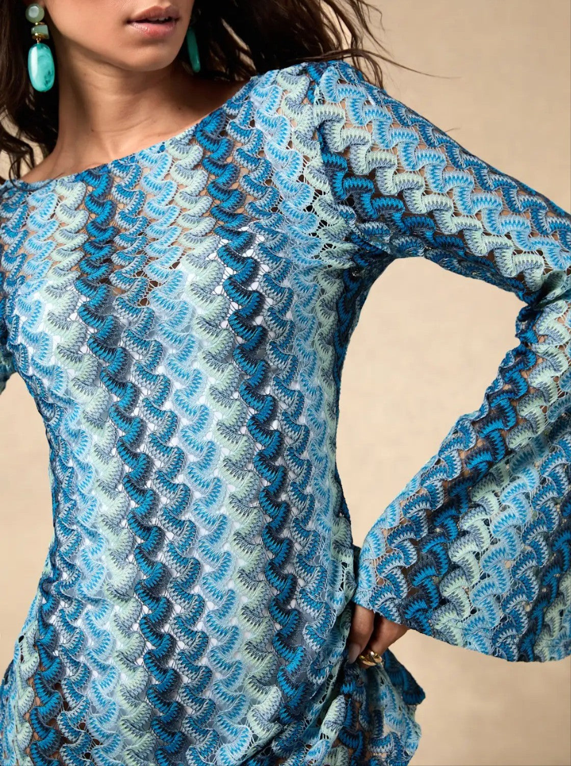 Striped Crochet Long Sleeve Swim Cover-Up Dress