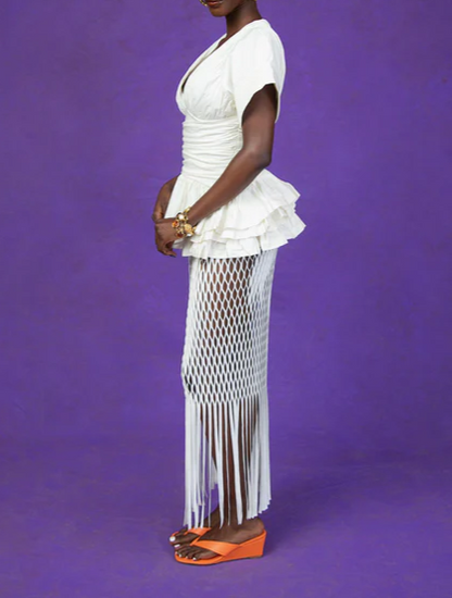 Plunge Ruched Layered Ruffle Cotton Top+Faux Suede Cut Skirt