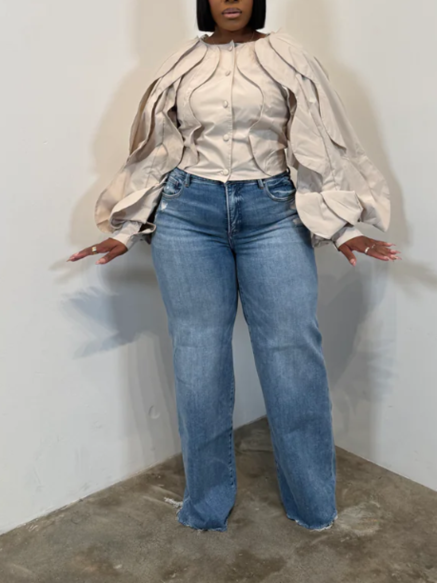 Wavy Oversize Wide Sleeve Ruffled Waist Top
