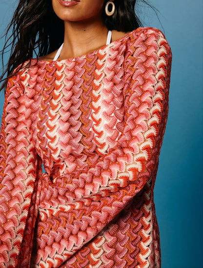 Striped Crochet Long Sleeve Swim Cover-Up Dress