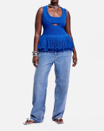 Knitted Fringed Hem Sleeveless Top