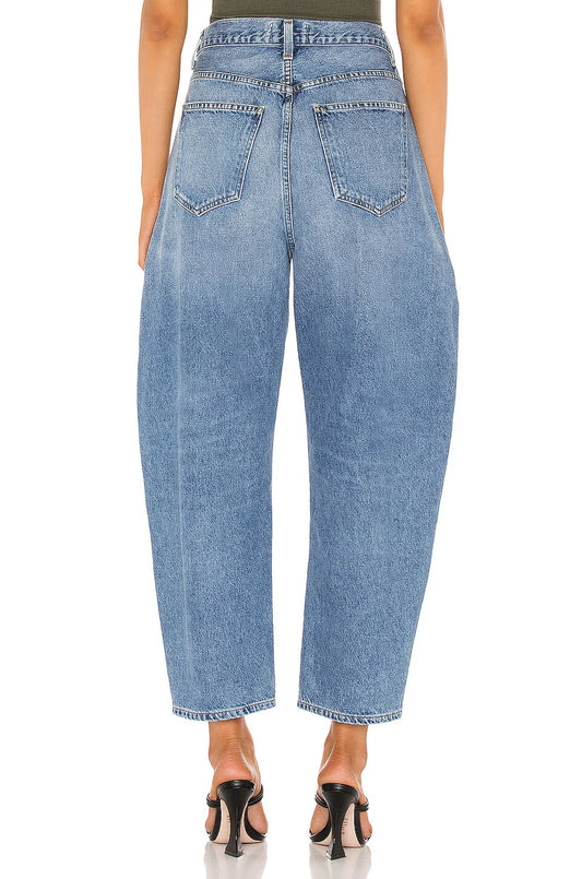 Irregular elastic denim fold-over pants