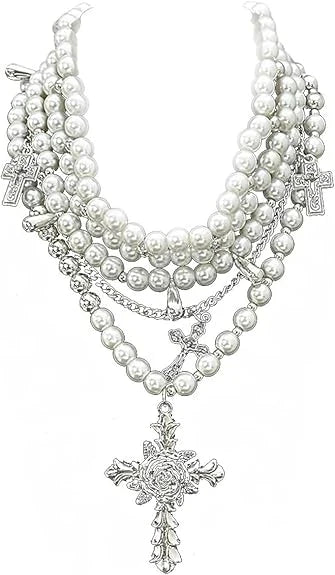 Layered Pearl Necklace Gothic Cross Pearl Stacking Necklace