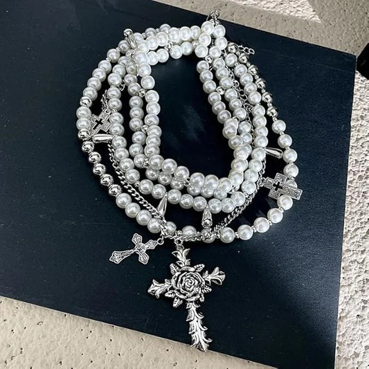 Layered Pearl Necklace Gothic Cross Pearl Stacking Necklace