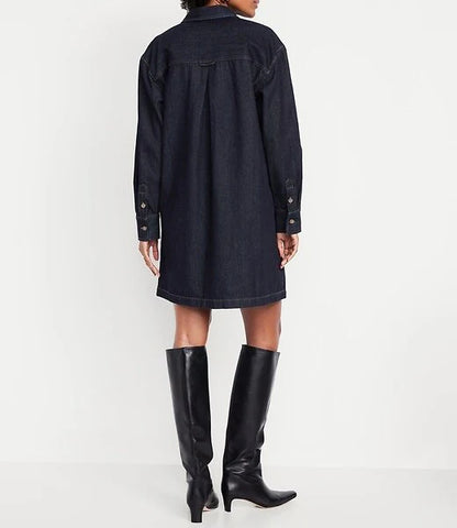 Long-Sleeve Denim Mini Shirt Dress