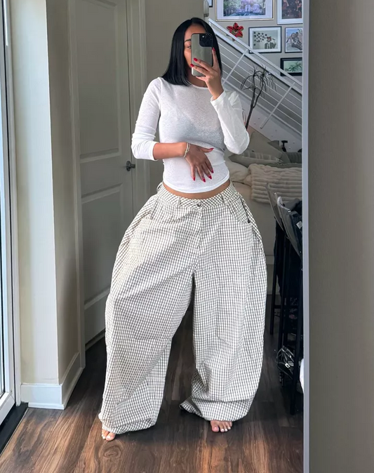 Low Rise Baggy Barrell Fit Check Trousers
